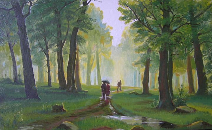 Painting titled "Дождь в лесу" by Evgenii Latsabidze, Original Artwork, Oil