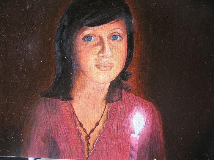 Картина под названием "девушка со свечой" - Евгений Лацабидзе, Подлинное произведение искусства, Масло