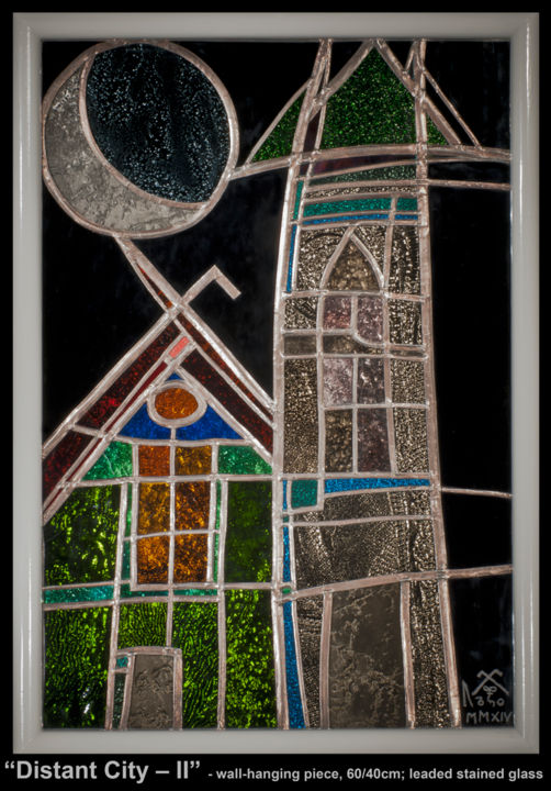 Painting titled "Distant City - II (…" by Lachezar Dochev, Original Artwork, Stained glass painting