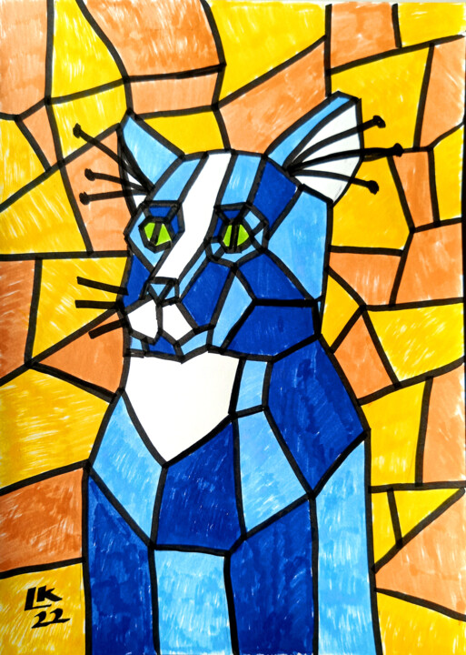 Peinture intitulée "Cubist cat" par Lada Kholosho, Œuvre d'art originale, Aquarelle