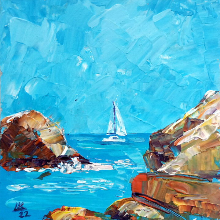 Painting titled "Blue seascape wlth…" by Lada Kholosho, Original Artwork, Acrylic