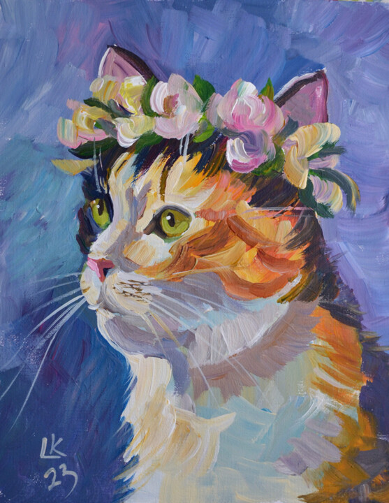 Painting titled "Cat portrait in flo…" by Lada Kholosho, Original Artwork, Acrylic Mounted on Cardboard