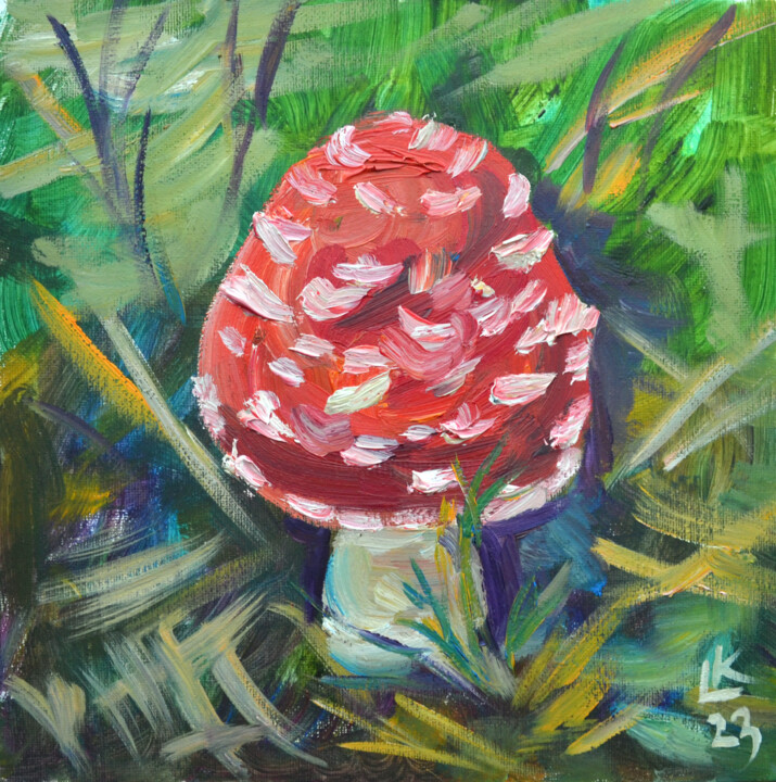 Painting titled "Red capped mushroom…" by Lada Kholosho, Original Artwork, Oil Mounted on Cardboard