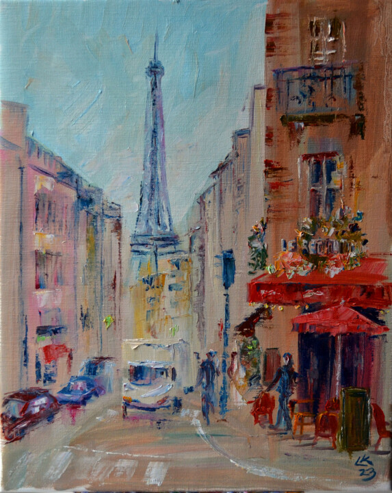 Peinture intitulée "Cozy Parisian Stree…" par Lada Kholosho, Œuvre d'art originale, Huile Monté sur Châssis en bois