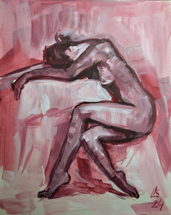 Картина под названием "Nude woman sitting…" - Lada Kholosho, Подлинное произведение искусства, Акрил Установлен на картон