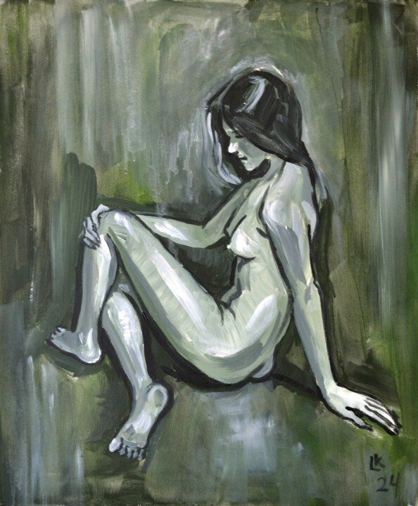 Painting titled "Nude Young Girl Sit…" by Lada Kholosho, Original Artwork, Acrylic Mounted on Wood Stretcher frame