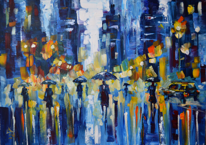 Painting titled "City Lights, Rainy…" by Lada Kholosho, Original Artwork, Acrylic Mounted on Wood Stretcher frame