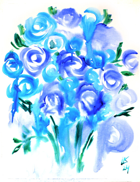 Painting titled "Blue Roses Bouquet" by Lada Kholosho, Original Artwork, Watercolor