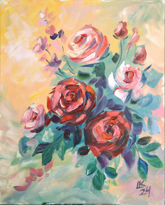 Painting titled "The Rose Garden Lul…" by Lada Kholosho, Original Artwork, Acrylic Mounted on Cardboard