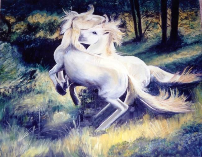 Pittura intitolato "la danse des chevaux" da Nicole Brouillard, Opera d'arte originale, Olio