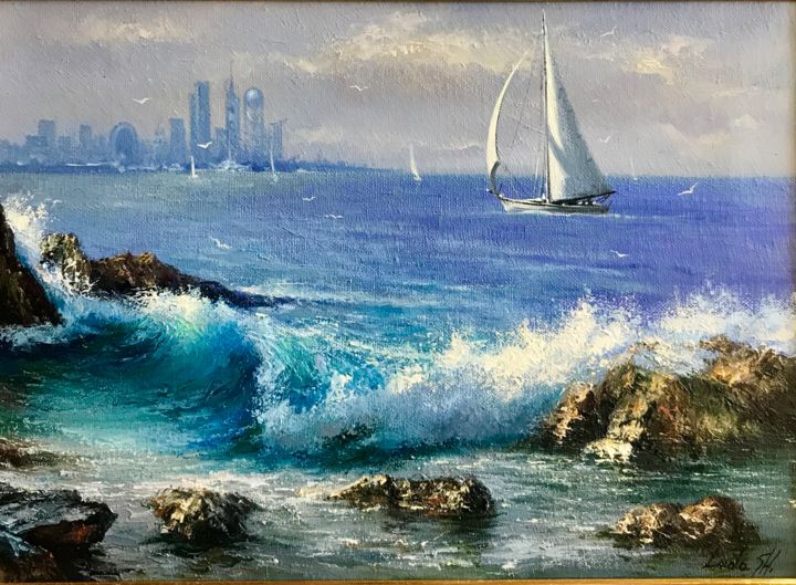 Картина под названием "Морской пейзаж  Sea…" - Vladimer Sharashidze (Lado Sharashidze), Подлинное произведение искусства, Ма…