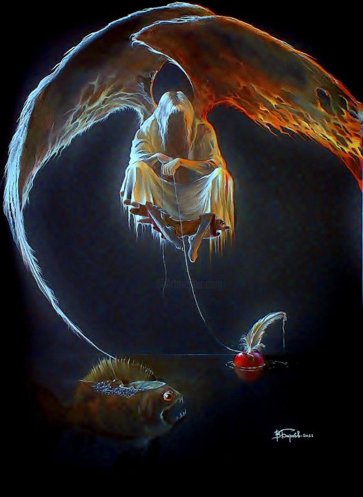 Drawing titled "Fishing Lucifer" by Vladimir Barkov Ladoyar, Original Artwork, Conté