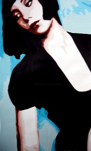 Malerei mit dem Titel "louise sur fond bleu" von Lady Caviar, Original-Kunstwerk