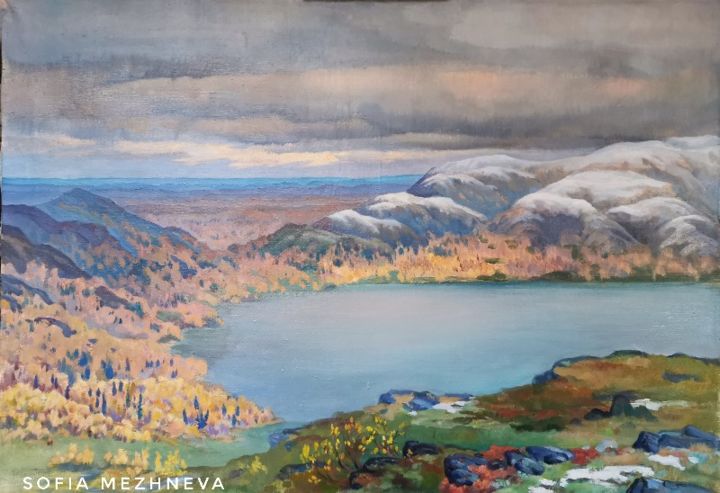Schilderij getiteld "Осенние горы" door Sofia Mezhneva, Origineel Kunstwerk, Olie