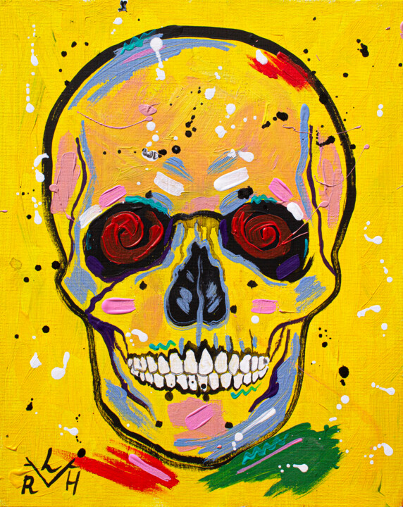 Картина под названием "Yellow Skull" - Lady Redhorns, Подлинное произведение искусства, Акрил
