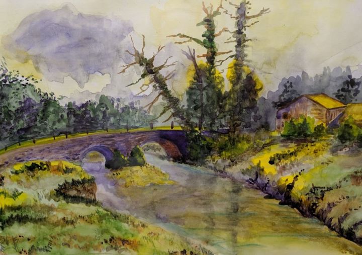 Peinture intitulée "The bridge" par Dark Altavista, Œuvre d'art originale, Aquarelle