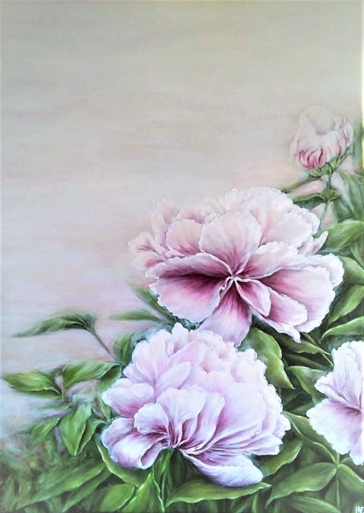 Painting titled "Pivoines 2" by Laetitia Piazzoli, Original Artwork, Acrylic Mounted on Wood Stretcher frame