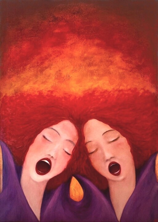 Painting titled "LES CANTATRICES" by Laetitia Piazzoli, Original Artwork, Acrylic Mounted on Wood Stretcher frame