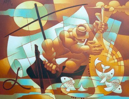 Pintura intitulada "No dominio da pesca" por Laerpe Motta, Obras de arte originais