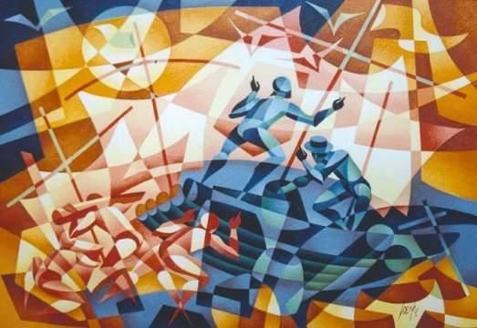 Pintura intitulada "Jangadeiros em ação" por Laerpe Motta, Obras de arte originais