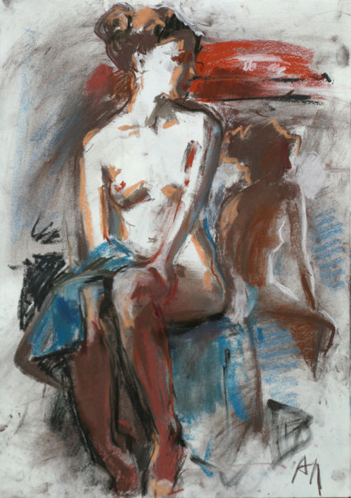 Картина под названием "У зеркала" - Анна Лагеда, Подлинное произведение искусства, Пастель