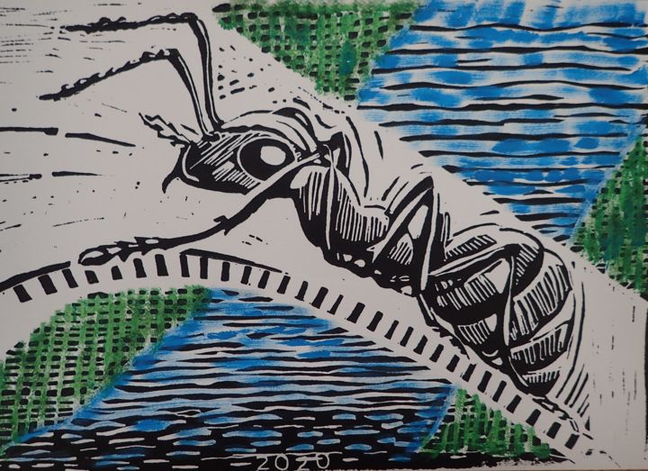 Incisioni, stampe intitolato "fourmi" da Didier Lagrange, Opera d'arte originale, Incisioni su linoleum