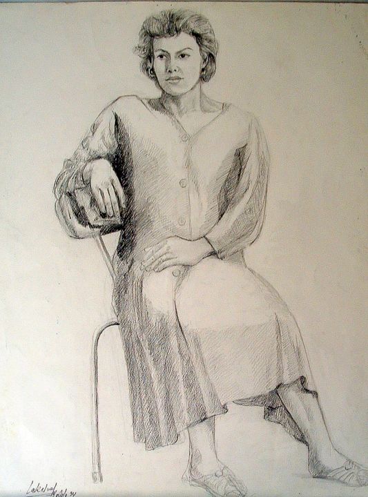 Drawing titled "Femme assise" by Lakmos, Original Artwork, Pencil