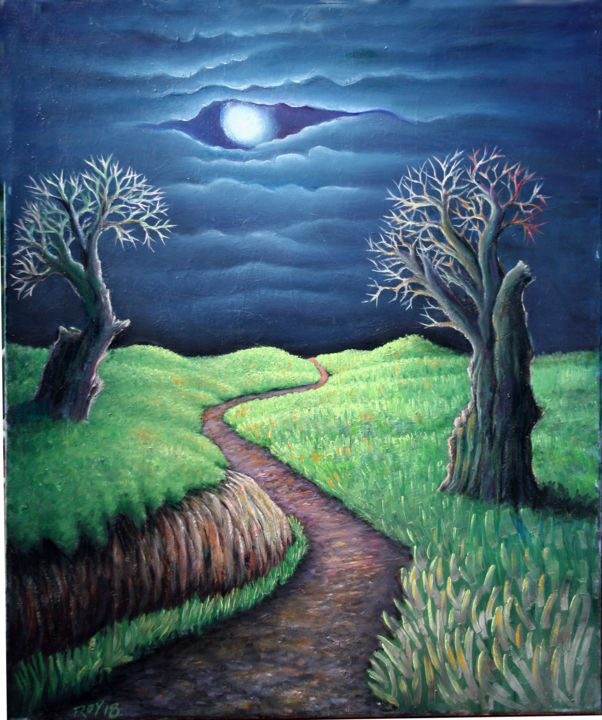 Pintura intitulada "le chemin lumineux" por Omar Reggane, Obras de arte originais, Óleo