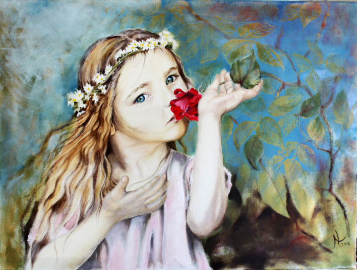 Painting titled "Fille avec une rose…" by Natalia Laletina, Original Artwork, Oil