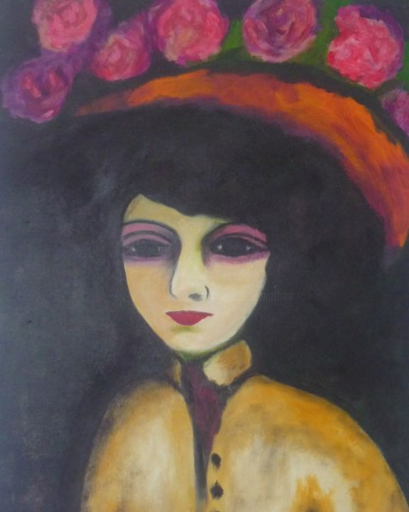 Peinture intitulée "le-chapeau-de-roses" par Martine Lallement, Œuvre d'art originale, Acrylique Monté sur Châssis en bois