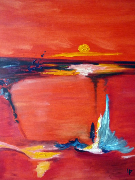 Peinture intitulée "Soleil rouge" par Martine Lallement, Œuvre d'art originale, Huile Monté sur Châssis en bois