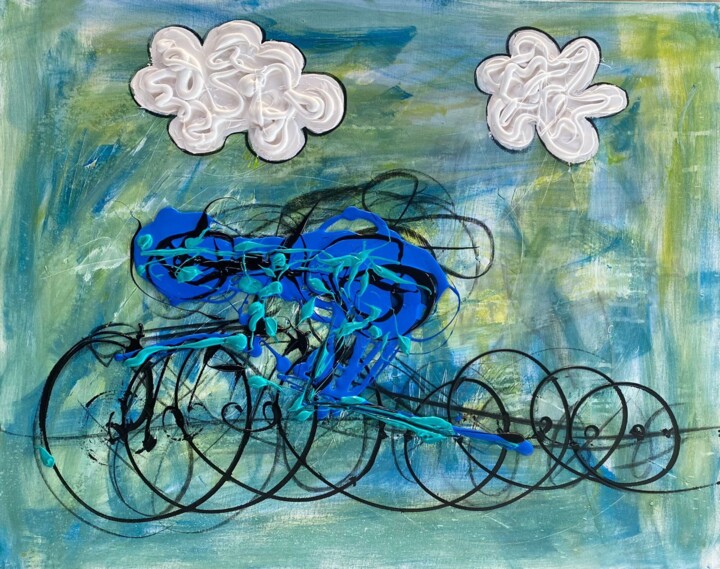 Painting titled "Blue cyclist" by Lalo Sánchez De Valle, Original Artwork, Oil
