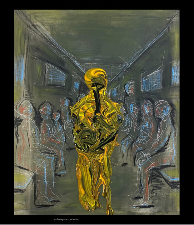 Ζωγραφική με τίτλο "Subway Saxophonist" από Lalo Sánchez De Valle, Αυθεντικά έργα τέχνης, Ακουαρέλα