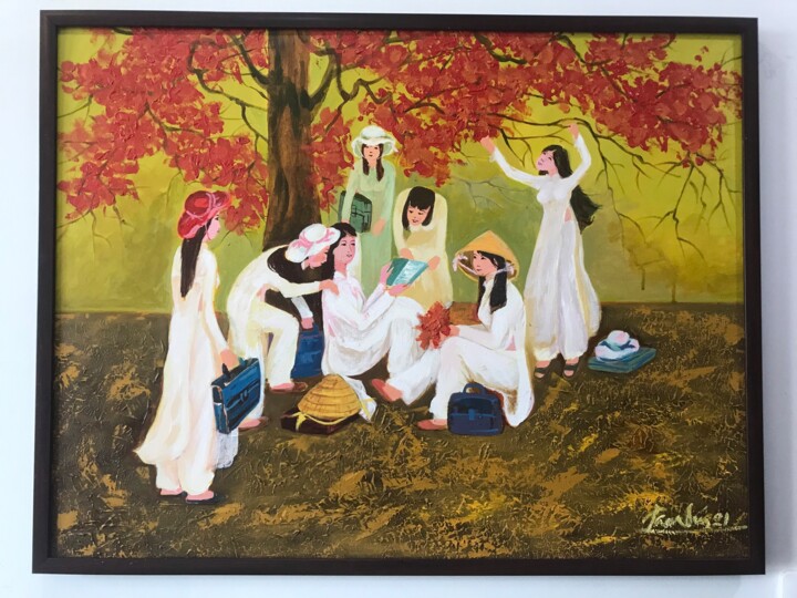 Painting titled "Ladies in Autumn" by Lam Quy, Original Artwork, Oil