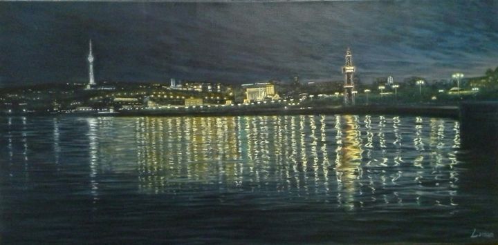 Peinture intitulée "Baku by night" par Laman Iskandarova, Œuvre d'art originale, Huile