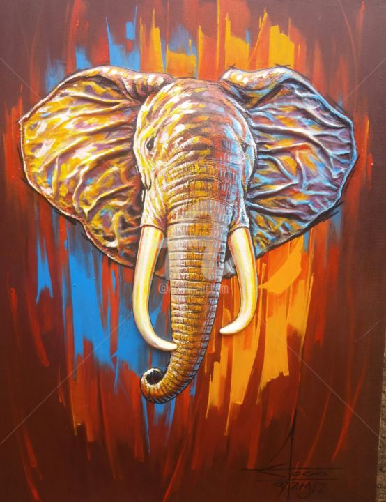 Peinture intitulée "L'éléphant" par Lambert Ebode, Œuvre d'art originale, Acrylique