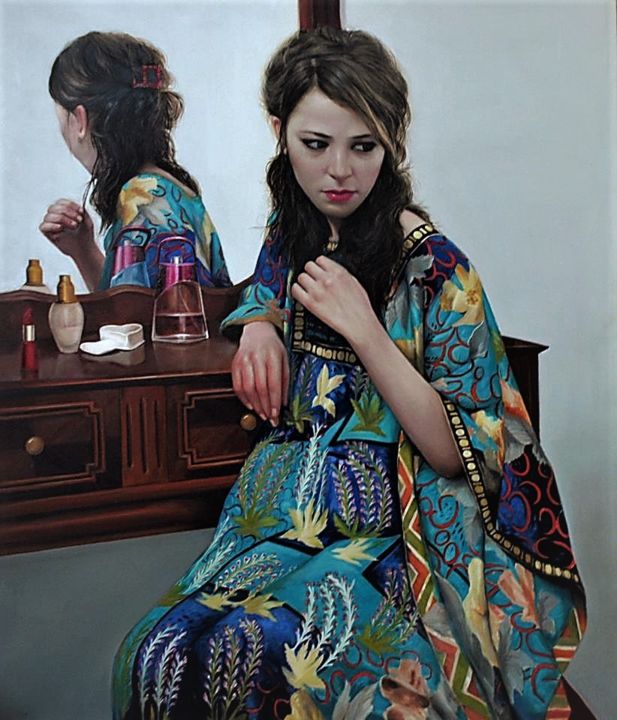 Peinture intitulée "femme au miroir" par Lamine Azzouzi, Œuvre d'art originale, Huile