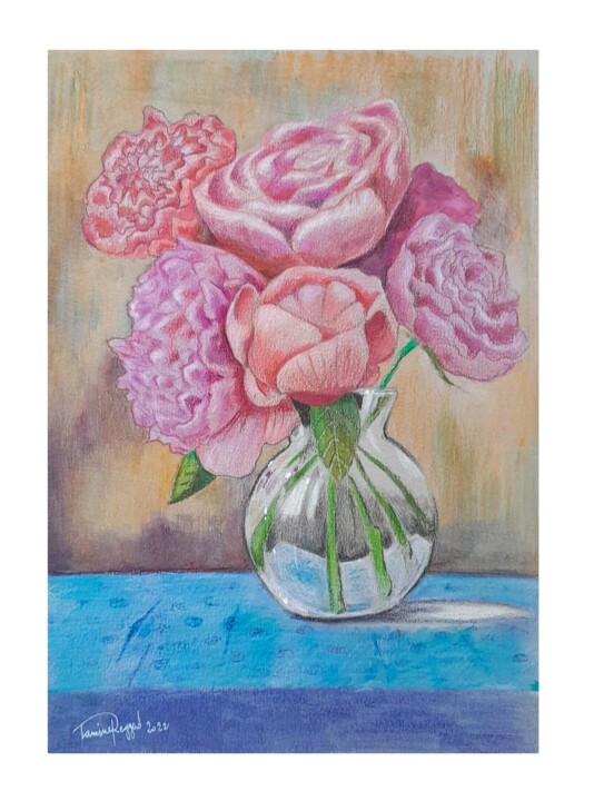 제목이 ""Vase fleuri 3""인 그림 Lamine Reggad로, 원작, 연필