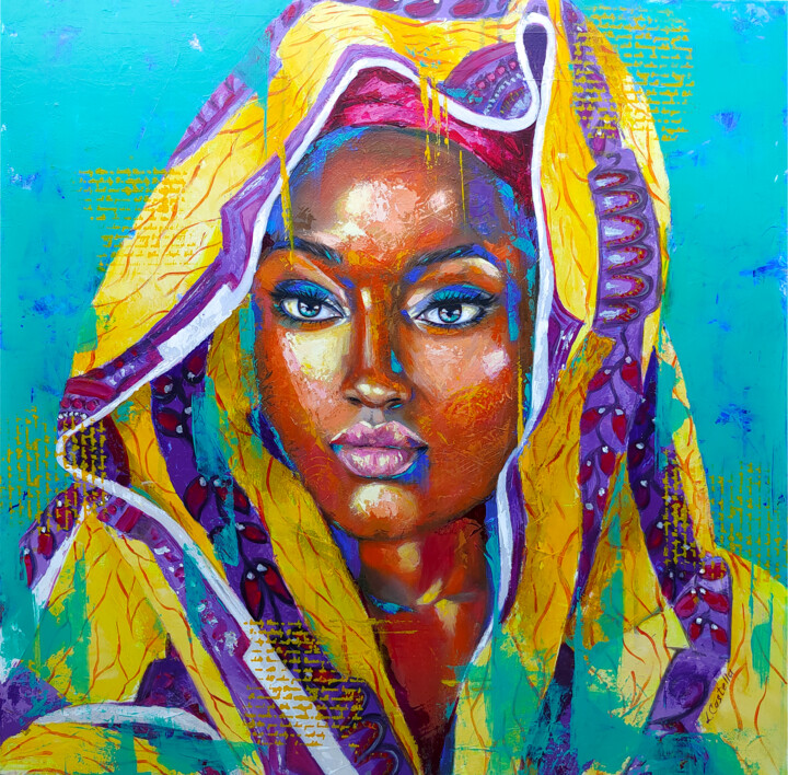 Pintura intitulada "Girl with scarf" por Lana Castella, Obras de arte originais, Acrílico