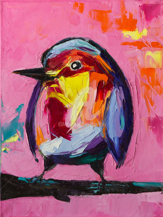 Painting titled "Pink kingfisher" by Lana Frey, Original Artwork, Oil