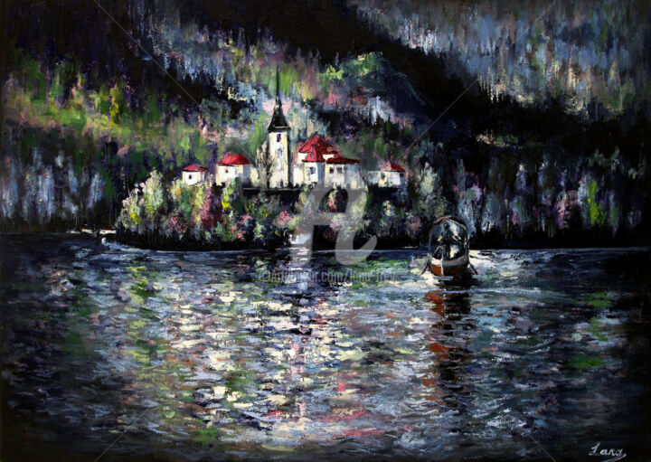 Painting titled "Lake Bled" by Lana Frey, Original Artwork, Oil Mounted on Wood Stretcher frame