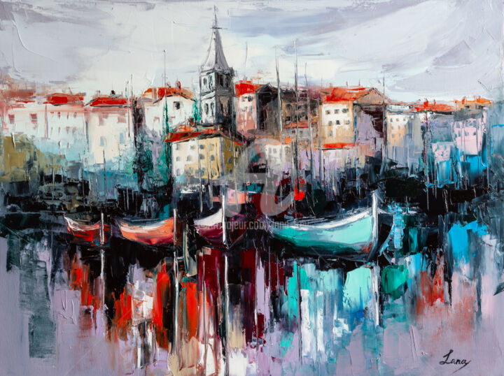 Painting titled "Rovinj" by Lana Frey, Original Artwork, Oil Mounted on Wood Stretcher frame
