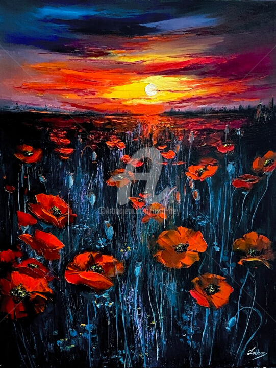 Painting titled "Poppies" by Lana Frey, Original Artwork, Oil Mounted on Wood Stretcher frame