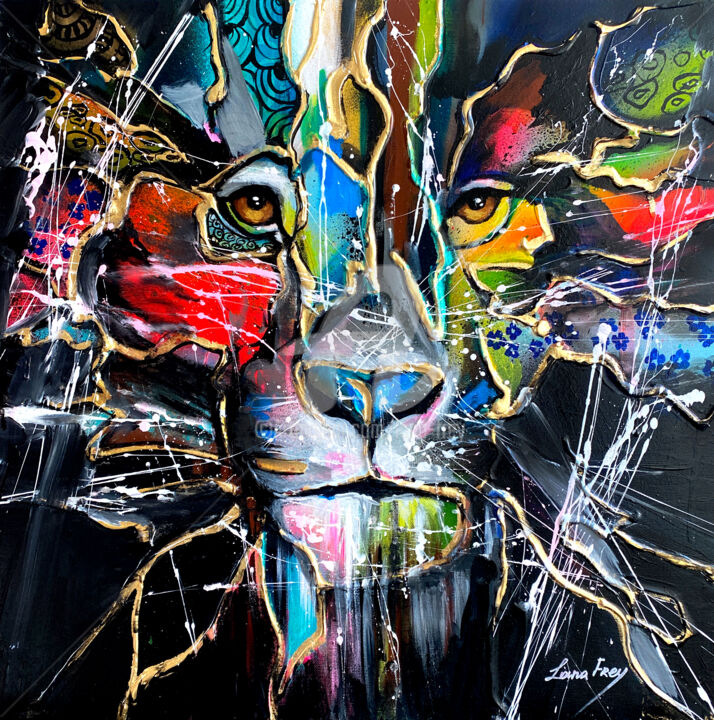 Malarstwo zatytułowany „Lion spirit” autorstwa Lana Frey, Oryginalna praca, Akryl Zamontowany na Drewniana rama noszy