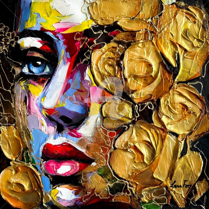 Painting titled "Gold roses" by Lana Frey, Original Artwork, Acrylic