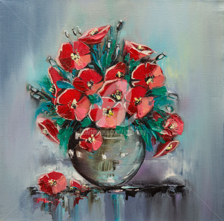 Painting titled "Red poppies in a va…" by Lana Frey, Original Artwork, Oil Mounted on Wood Stretcher frame