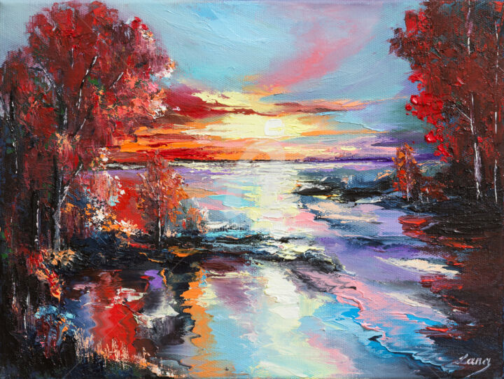 Painting titled "Sunset in autumn's…" by Lana Frey, Original Artwork, Oil