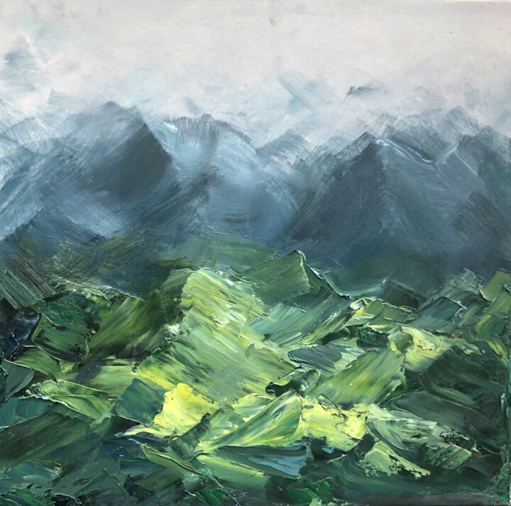 Painting titled "Fog" by Lana Krainova, Original Artwork, Oil Mounted on Wood Stretcher frame