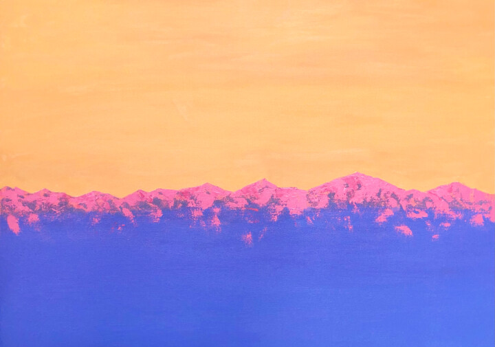 Pintura intitulada "Sunset snowy mounta…" por Lana Krainova, Obras de arte originais, Acrílico Montado em Armação em madeira