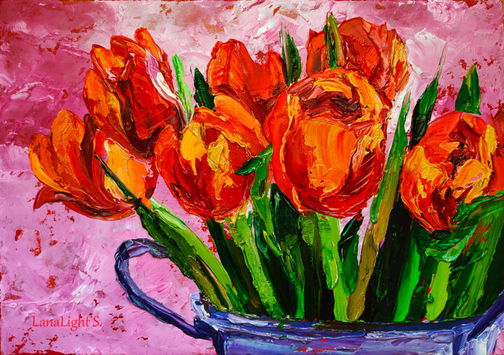 Schilderij getiteld ""Orange tulips"" door Lana Light S., Origineel Kunstwerk, Olie